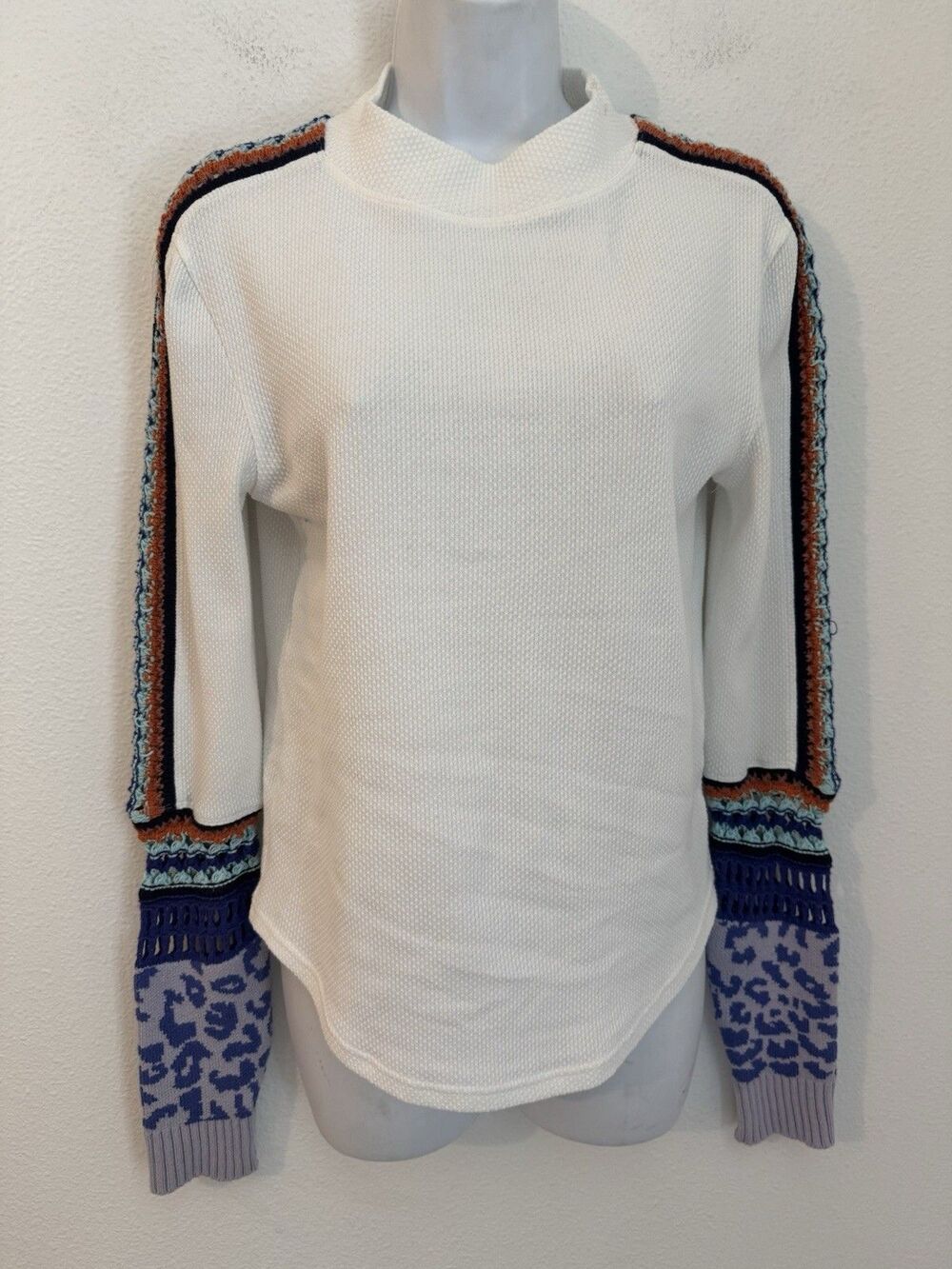 Free People Switch It Up Cuff Thermal Top White Sz M Crochet Knit Boho Animal